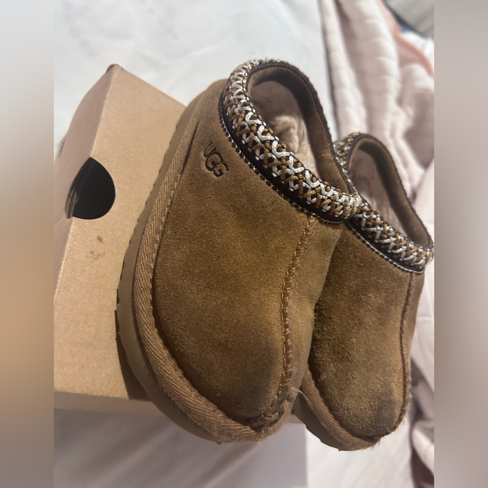 UGG Tan Suede Slip-Ons with Patterned Trim
